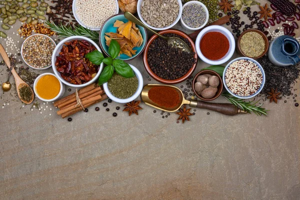 Selection Spices Herbs Used Add Flavor Seasoning Food Cooking Space — ストック写真