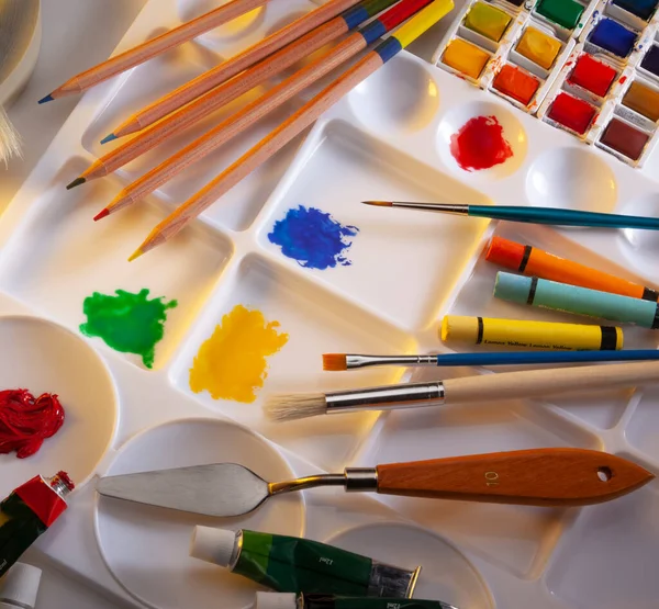 Art Materials Watercolors Oils Pencil Chalk — Stock Photo, Image