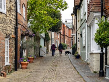 Old buildings in a narrow lane in the small town of Petworth in West Sussex in southern England.