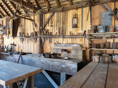 Carpenters workshop at the Weald and Downland Open Air Museum in West Sussex, southern England. The museum covers 40 acres with over 50 historic buildings dating from 950AD to the 19th century.