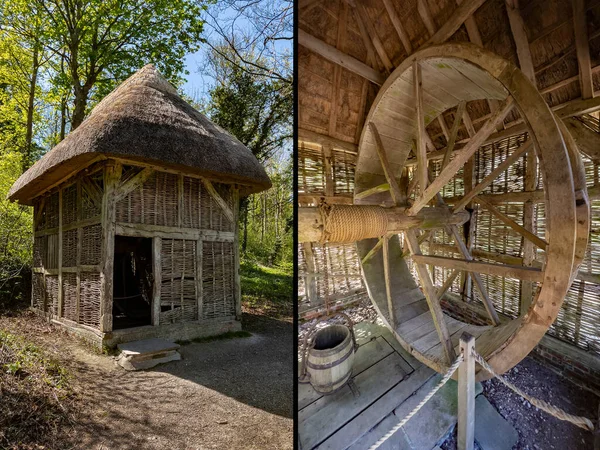 Budova Doškovou Střechou Které Nachází Kolečko Catherington Treadwheel Muzeu Weald — Stock fotografie