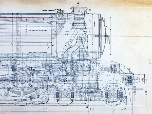 Old Blueprints Early 20Th Century Steam Locomotive — 图库照片