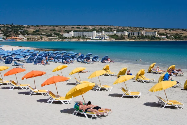 Sunbathing Beach Mellietha Bay North Coast Mediterranean Island Malta — Stock Photo, Image