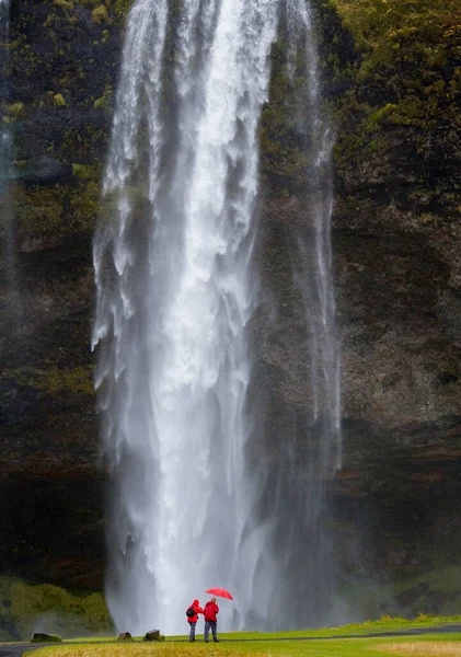 冰岛南部海岸的塞尔贾兰多斯瀑布的游客们都湿透了 — 图库照片