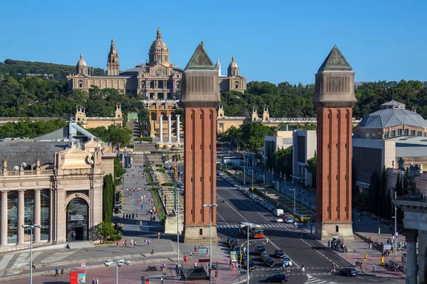 Vista Placa Espanya Para Palácio Nacional Descendo Fira Internacional Mostres — Fotografia de Stock