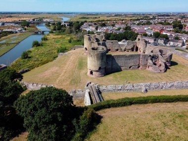 Aerial view of the medieval ruins of Rhuddlan Castle in Denbighshire, North Wales. Dates fron 1277.