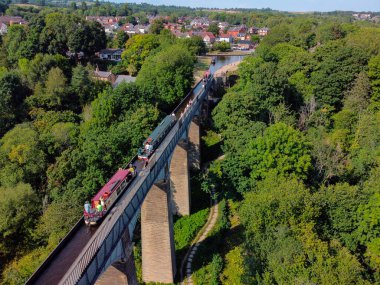 Aerial view of the Pontcysyllte Aqueduct that carries the Llangollen Canal across the River Dee in the Vale of Llangollen in northeast Wales.