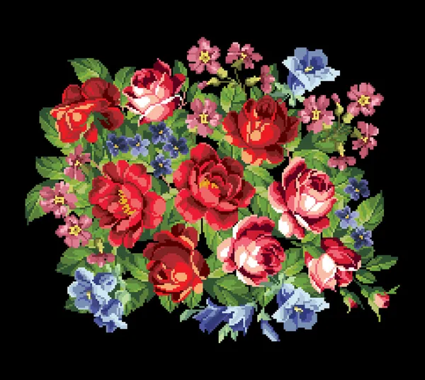 Red roses with bluebells picture embroidery — Stock Vector