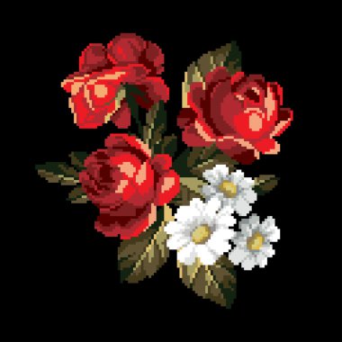 chamomiles nakışı ile kırmızı gül demet