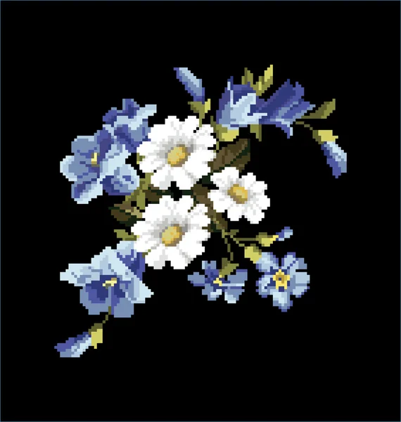 Mazzo di camomille con campanule e ricami di fiori blu — Vettoriale Stock