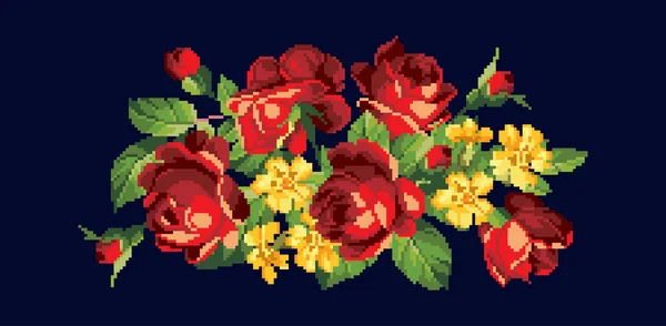 Bunch of red roses embroidery with yellow flowers — Stock Vector