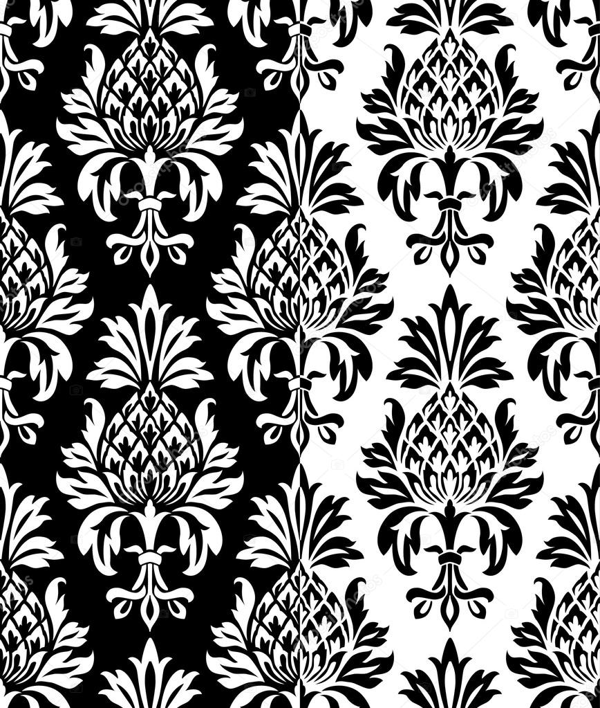 Vintage baroque pineapple pattern on the black and white background