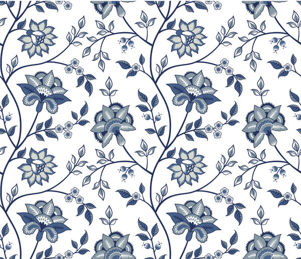 Blue chintz pattern with carnation on the white background