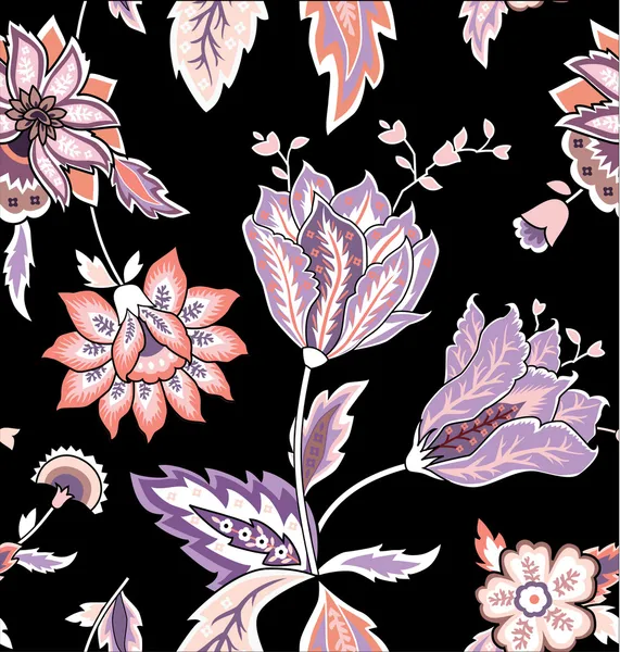 Modello Chintz con tulipano sullo sfondo nero — Vettoriale Stock