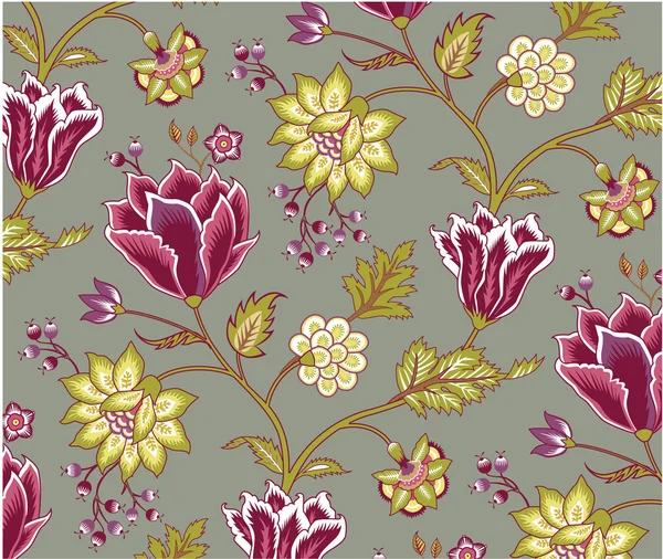 Chintz-Muster mit Tulpe auf grauem Hintergrund — Stockvektor