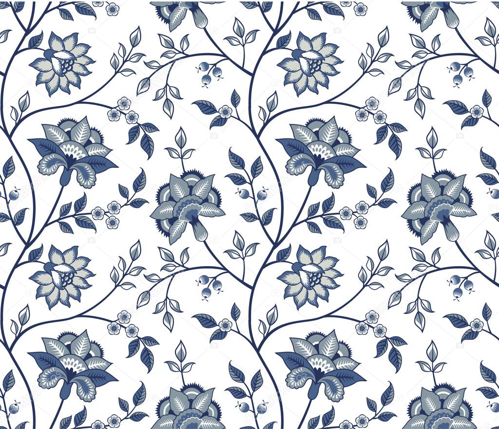 Blue chintz pattern with carnation on the white background