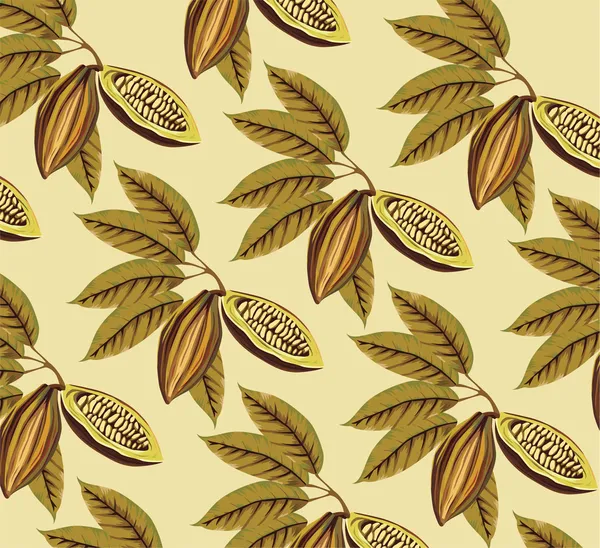 Cocoa beans and leaves vintage pattern — Stock Vector