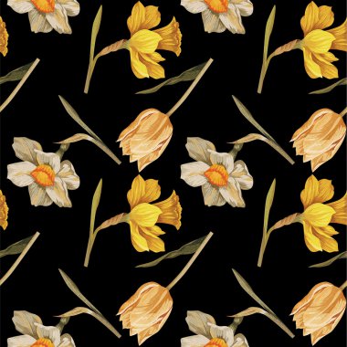 Nergis ve Lale vintage desen siyah arka plan üzerine