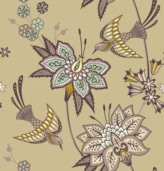 Oosterse bloemen en vogels vintage patroon — Stockvector