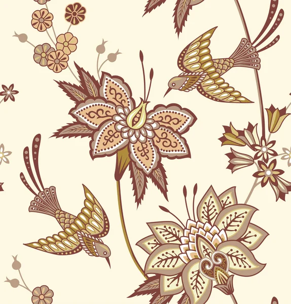 Oosterse bloemen en vogels vintage patroon — Stockvector