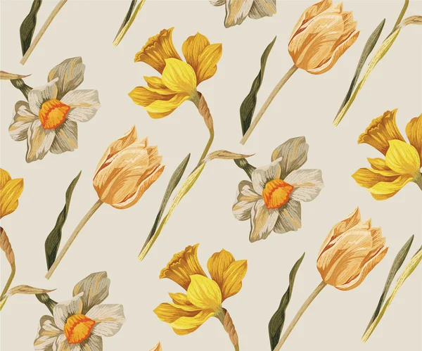 Нарцисс и винтажный рисунок тюльпанов — стоковый вектор