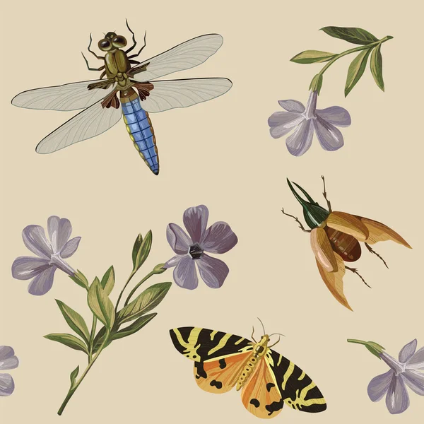 Vintage niebieski wzór kwiaty i owady — Wektor stockowy