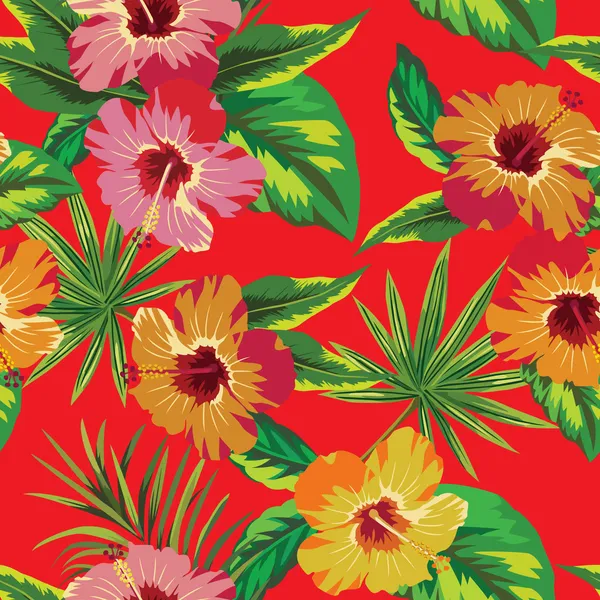 Hibiscus flores tropicales y patrón de hojas de palma — Vector de stock