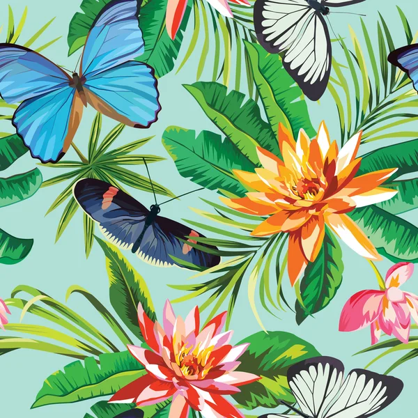 Patrón de flores tropicales y mariposas — Vector de stock