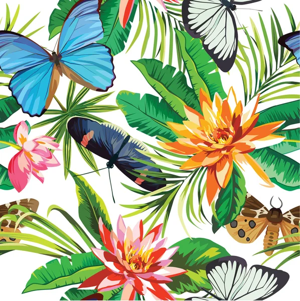 Patrón de flores tropicales y mariposas — Vector de stock