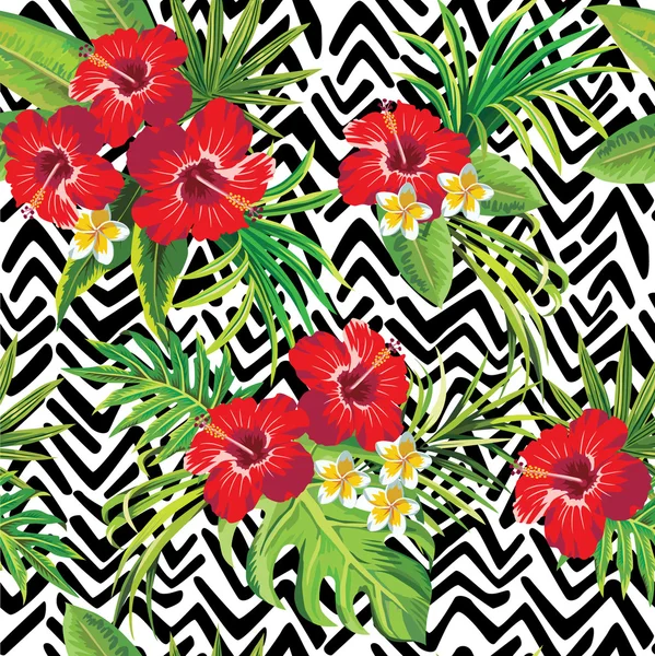 Hibiscus y hojas de palma patrón tropical, fondo en zigzag — Vector de stock