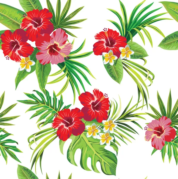 Hibiscus y hojas de palma patrón tropical floral — Vector de stock