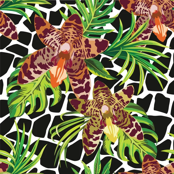 Orquídea y aplm hojas patrón floral tropical, jirafa fondo animal — Vector de stock