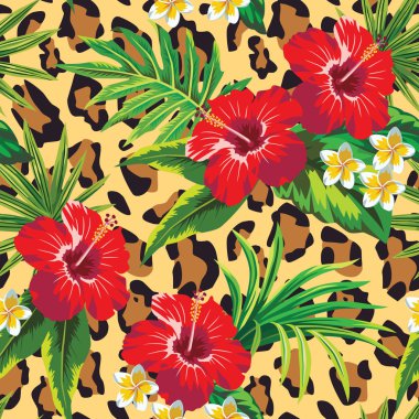 히 비 스커 스 및 plumeria 열 대 꽃 팜 잎, 동물 배경