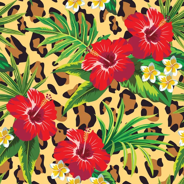 Hibiscus y plumeria flores tropicales con hojas de palma, fondo animal — Vector de stock