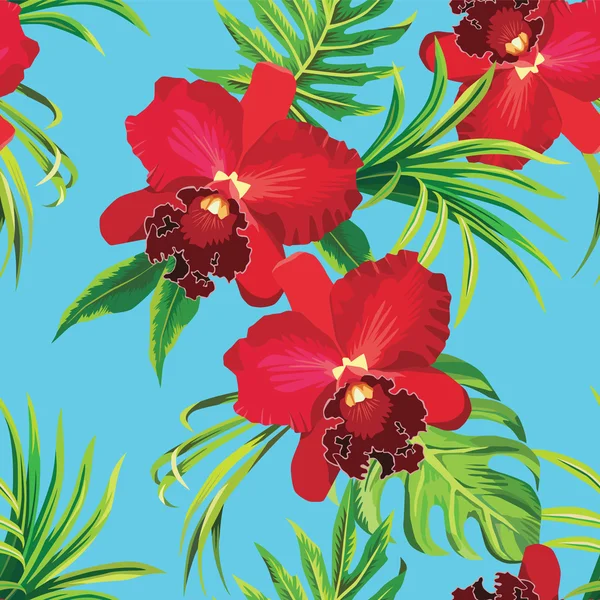 Red orcids and palm leaves tropical pattern Royalty Free Stock Vectors