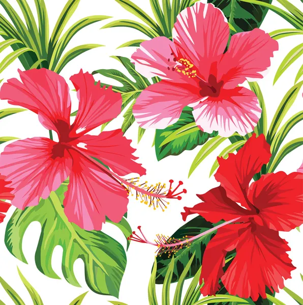 Hibiskus und Palmblätter tropisches Blumenmuster — Stockvektor