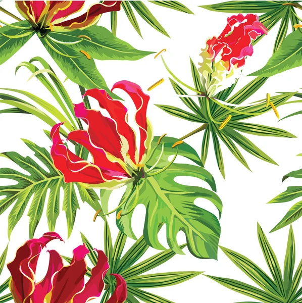 Gloriosa flores tropicales exóticas y patrón de hojas de palma — Vector de stock
