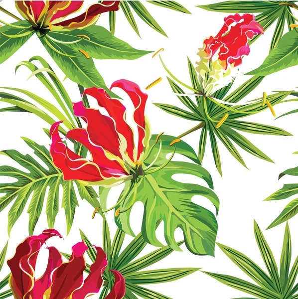 Gloriosa fleurs tropicales exotiques et motif de feuilles de palmier — Image vectorielle