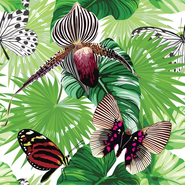 Orchidee und Schmetterlinge mit Palmblättern tropisches Muster Stockillustration