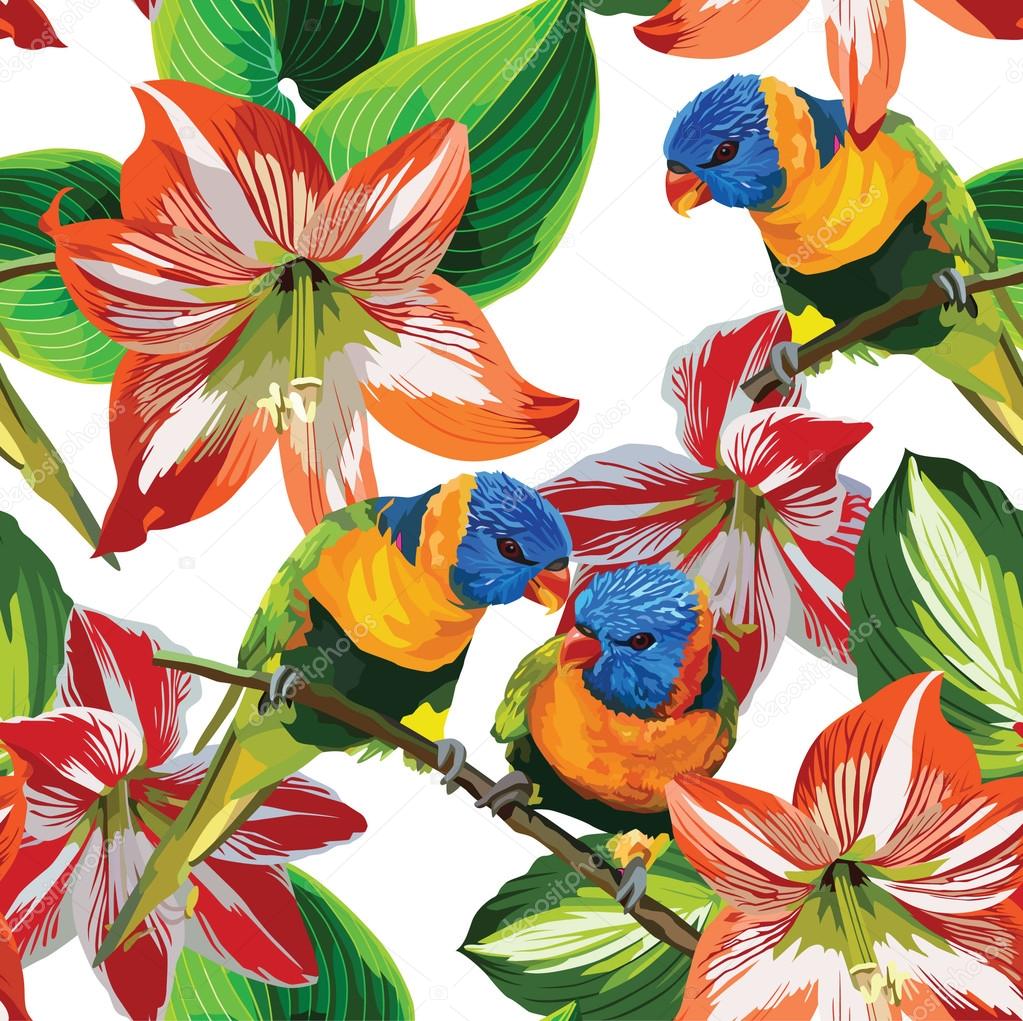 Parrots and flowers tropical pattern