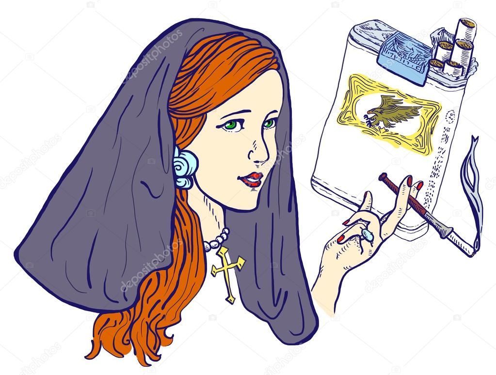 An hand drawn illustration of young girl, like a nun, elegantly smoking a cigarette. (Note: the logo on cigarettes is fictional.)