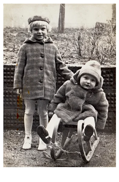 Children with winter sleigh — Stock Photo, Image