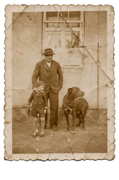 Grandpa, Child and big black dog — Stock Photo, Image