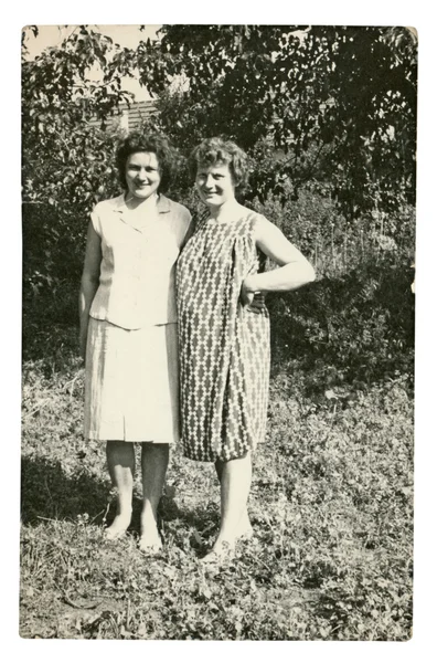 Dos mujeres de mediana edad posando frente al huerto — Foto de Stock