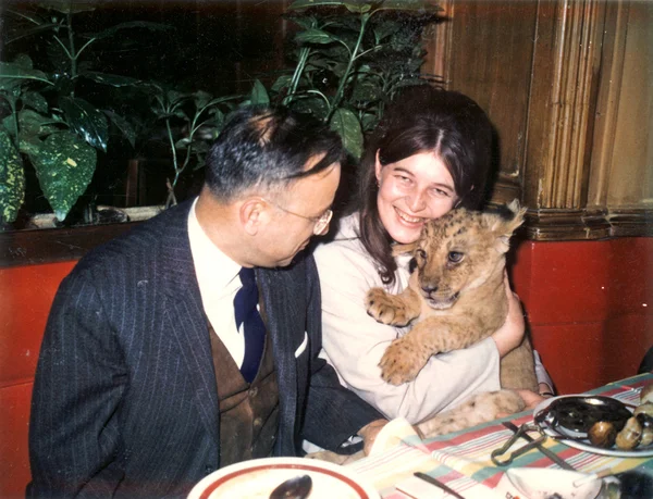 Mujer joven y cachorro de león — Foto de Stock