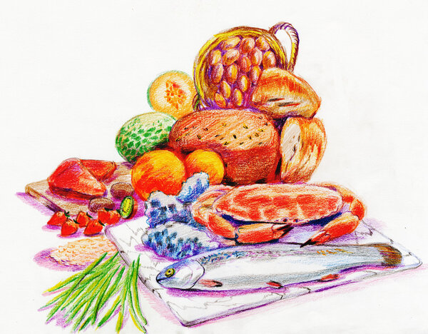 Рыба, крабы и овощи
