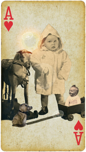 Babies, wooden horse and glass dog