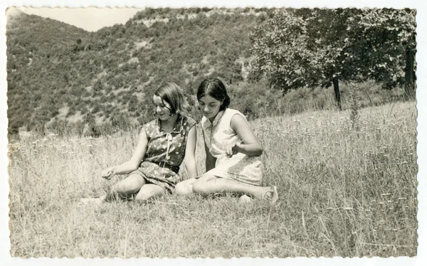 Bir çayır üzerinde oturan kızlar. — Stok fotoğraf