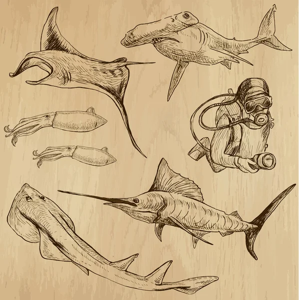 Underwater, Sea Life (vector set no.3) - hand drawn - Stok Vektor