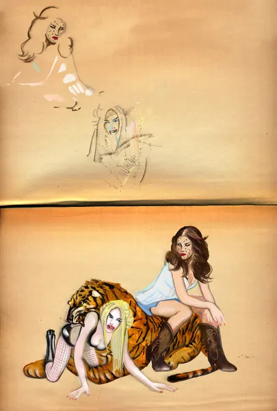 Two women irritating tiger (digital painting) — Stock Photo, Image
